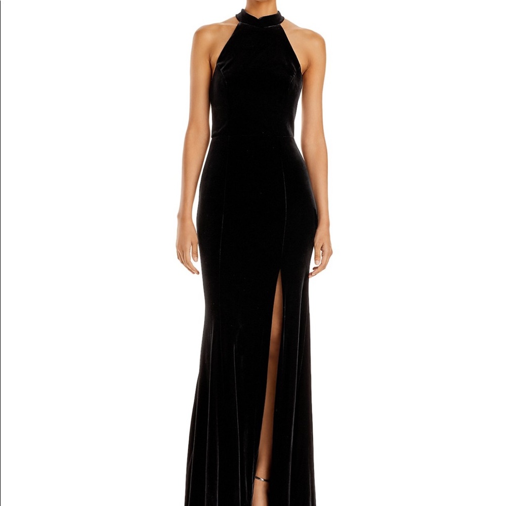 Aqua black velvet floor length gown with slit